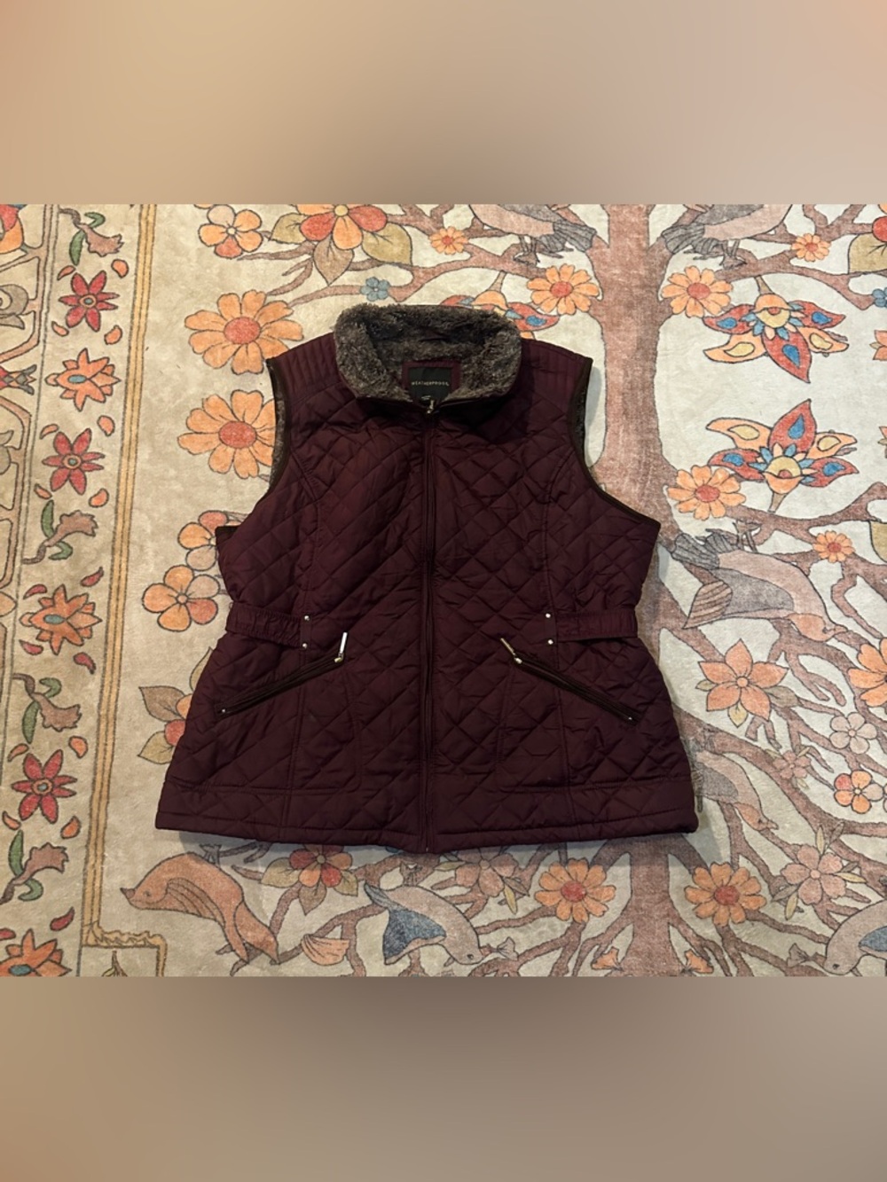 Weatherproof Quilted Vest with Faux-Fur Collar - Plum